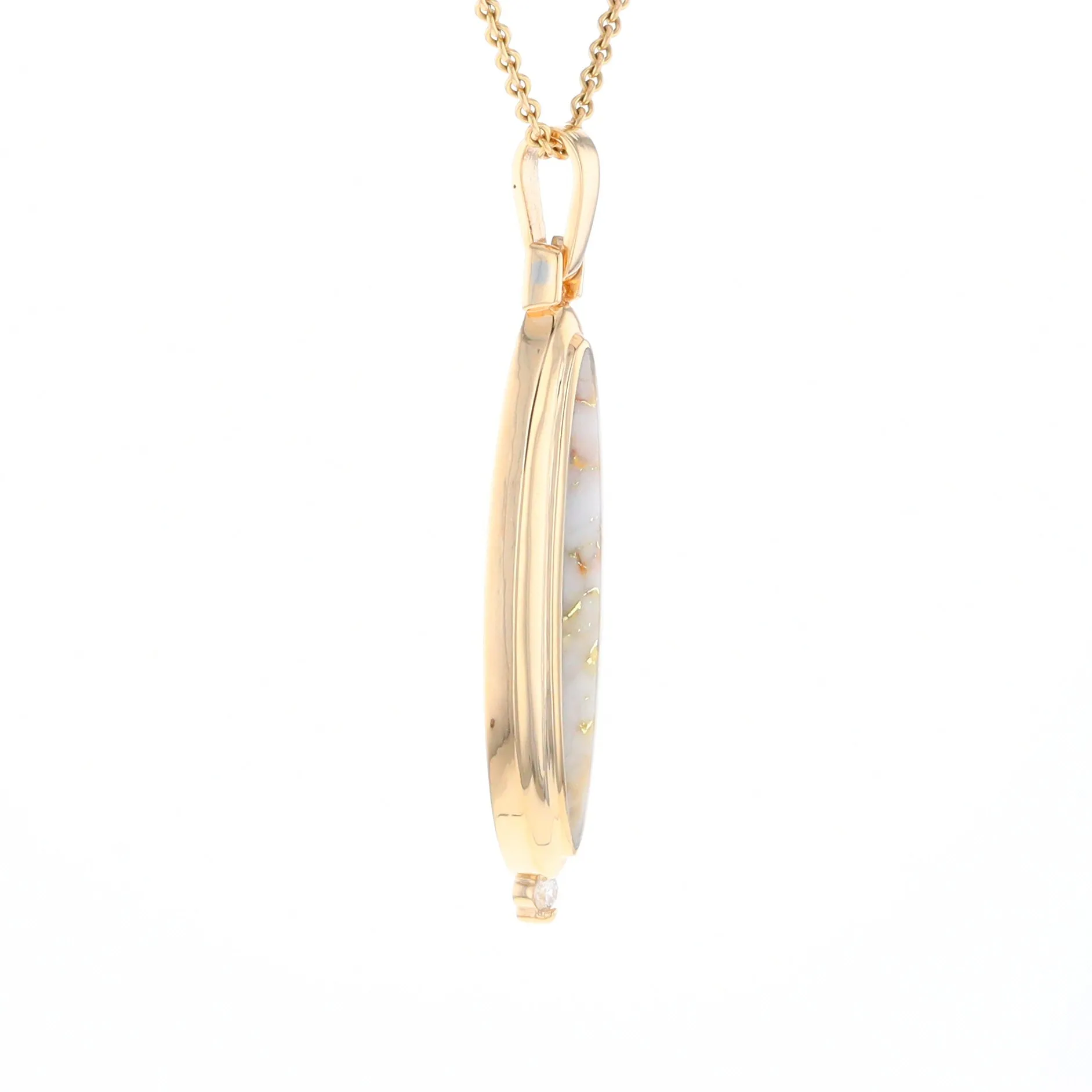 Gold Quartz Necklace Long Oval Inlaid Pendant with .05ct Diamond