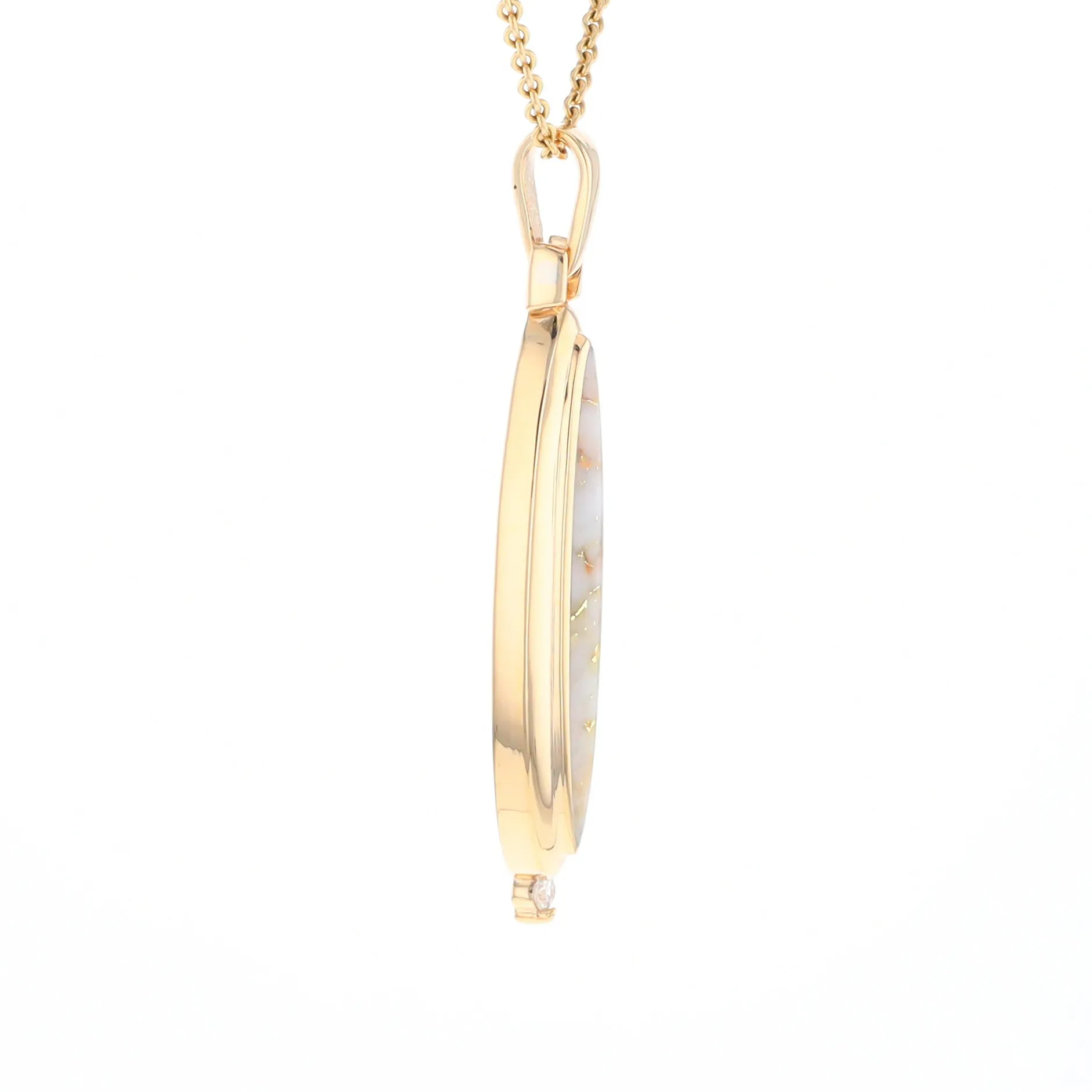 Gold Quartz Necklace Long Oval Inlaid Pendant with .05ct Diamond