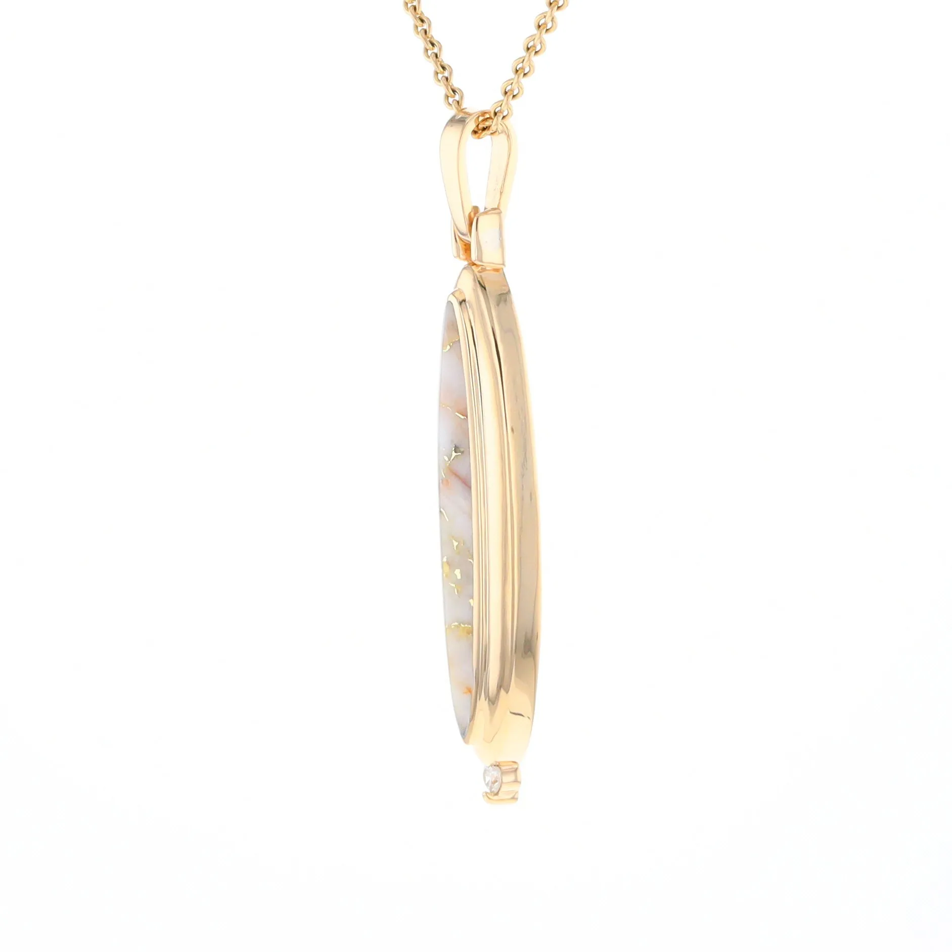 Gold Quartz Necklace Long Oval Inlaid Pendant with .05ct Diamond
