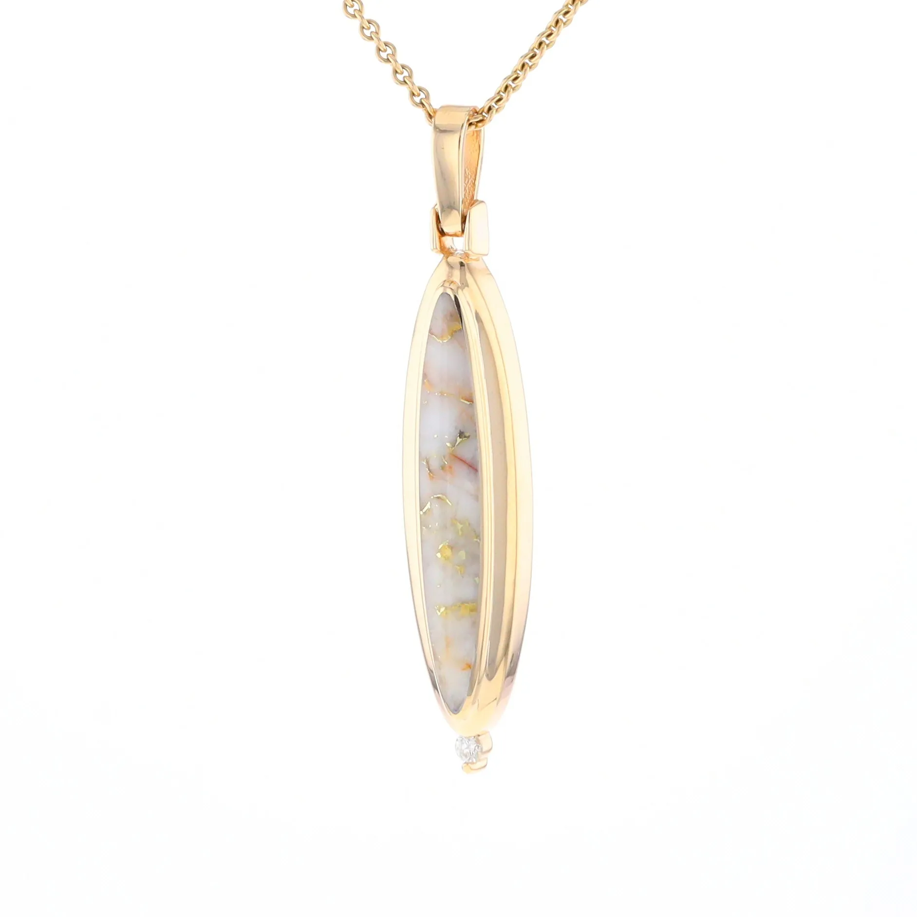 Gold Quartz Necklace Long Oval Inlaid Pendant with .05ct Diamond