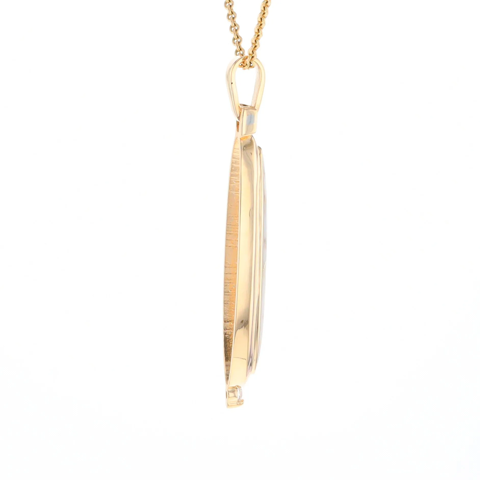 Gold Quartz Necklace Long Oval Inlaid Pendant with .05ct Diamond