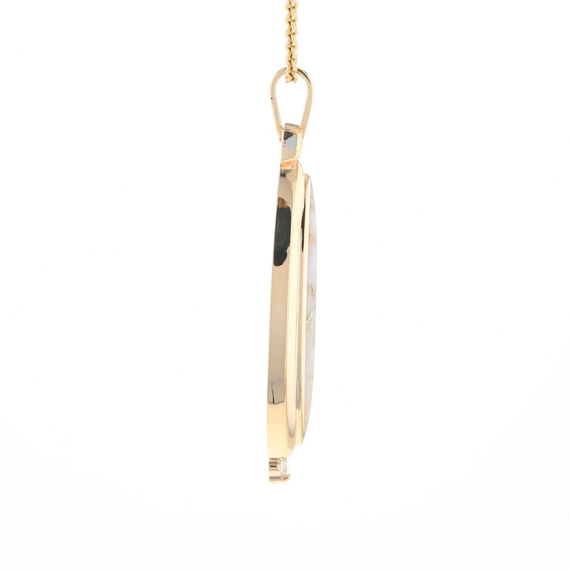 Gold Quartz Necklace Long Oval Inlaid Pendant with .05ct Diamond