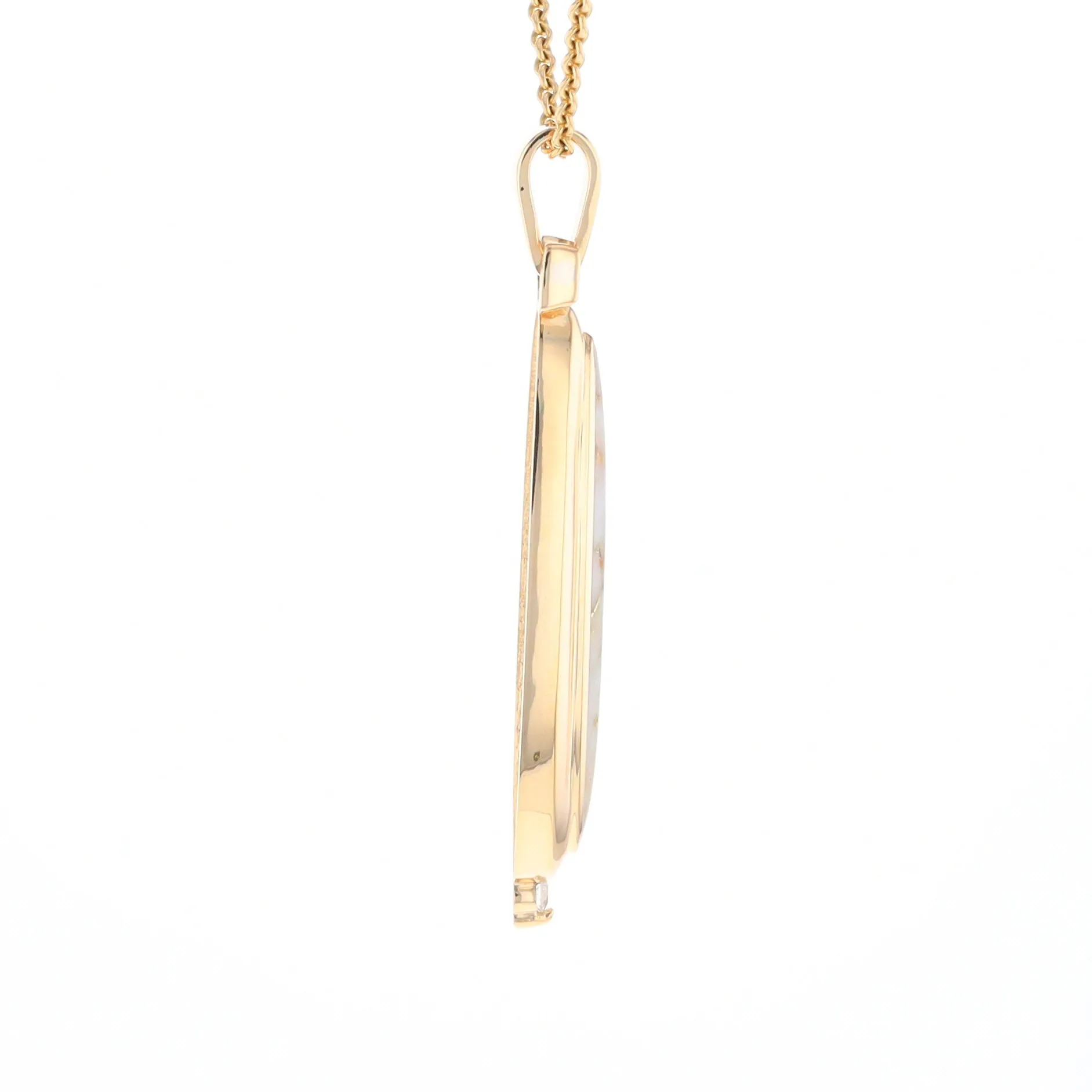 Gold Quartz Necklace Long Oval Inlaid Pendant with .05ct Diamond
