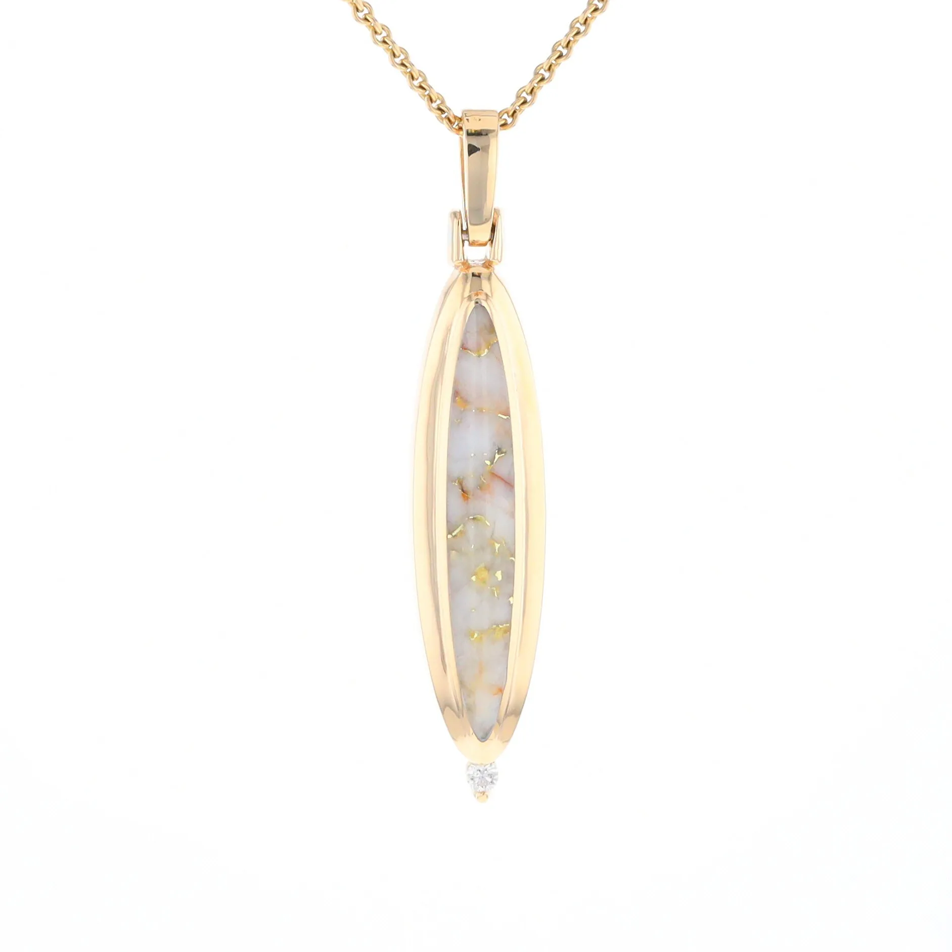 Gold Quartz Necklace Long Oval Inlaid Pendant with .05ct Diamond