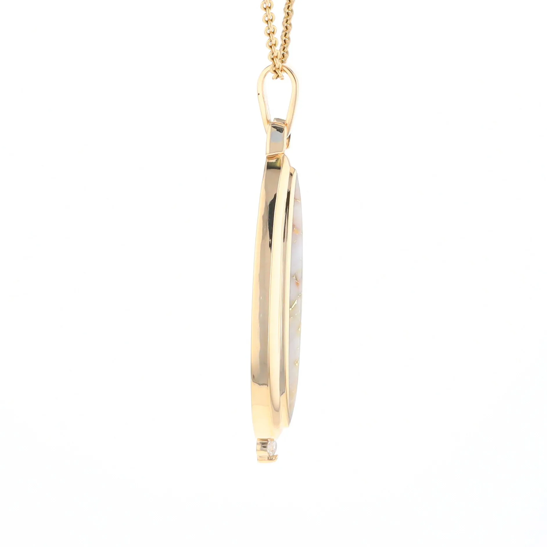 Gold Quartz Necklace Long Oval Inlaid Pendant with .05ct Diamond