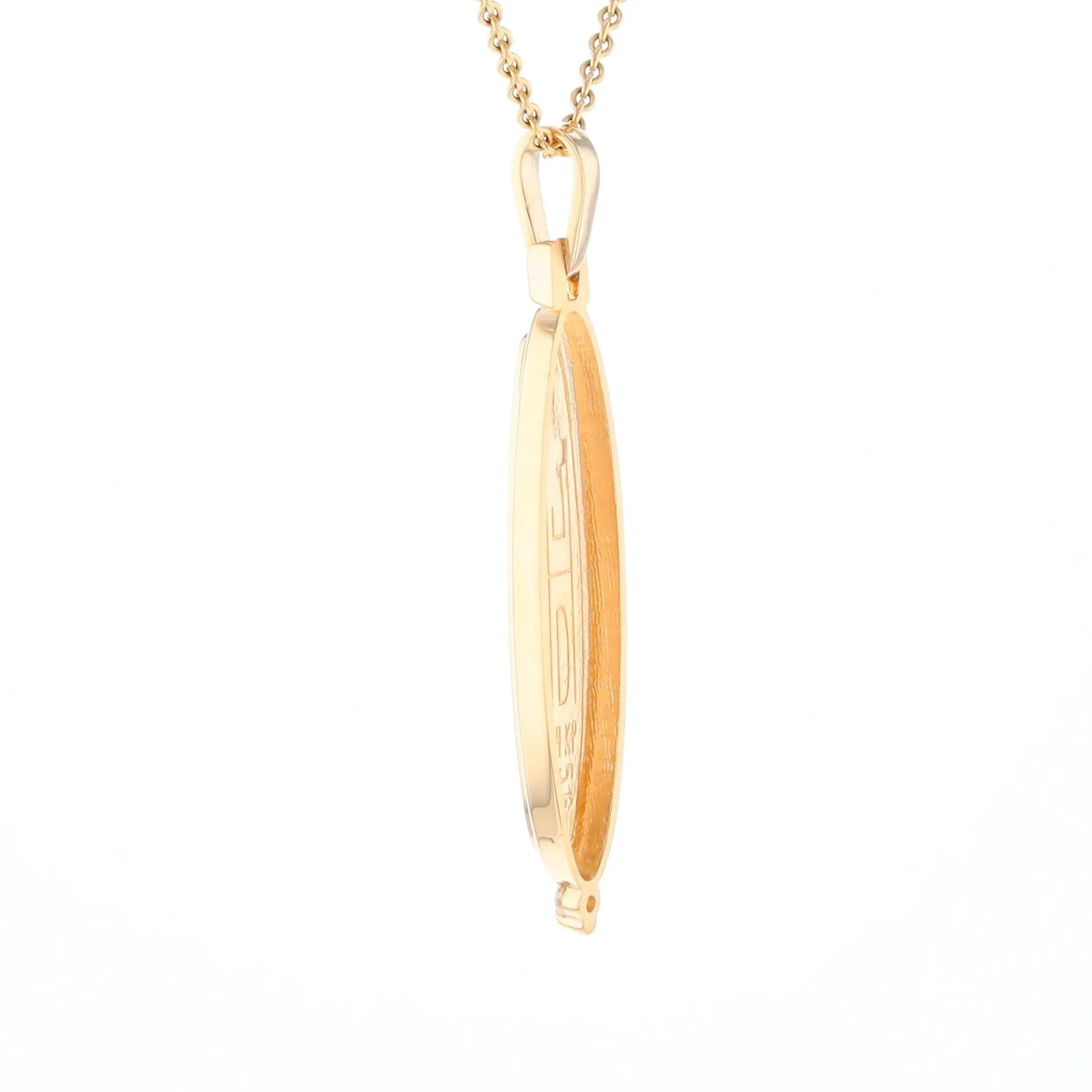 Gold Quartz Necklace Long Oval Inlaid Pendant with .05ct Diamond