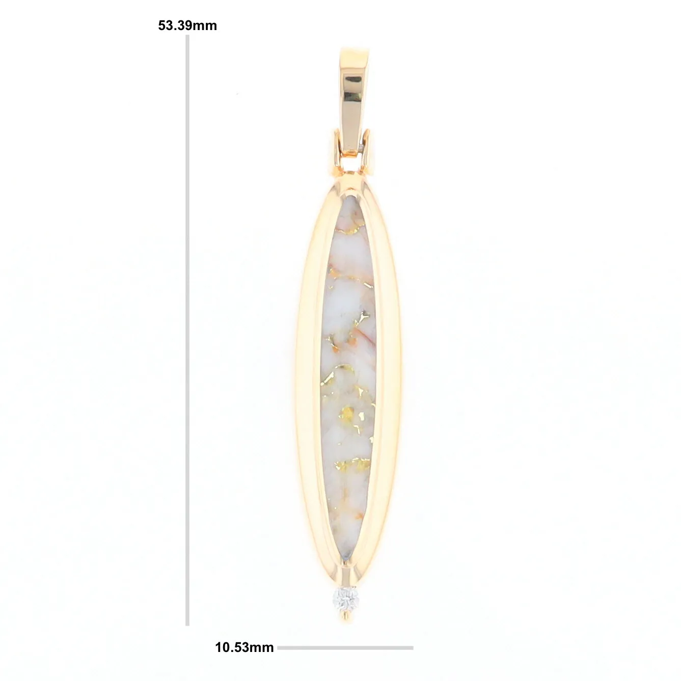 Gold Quartz Necklace Long Oval Inlaid Pendant with .05ct Diamond