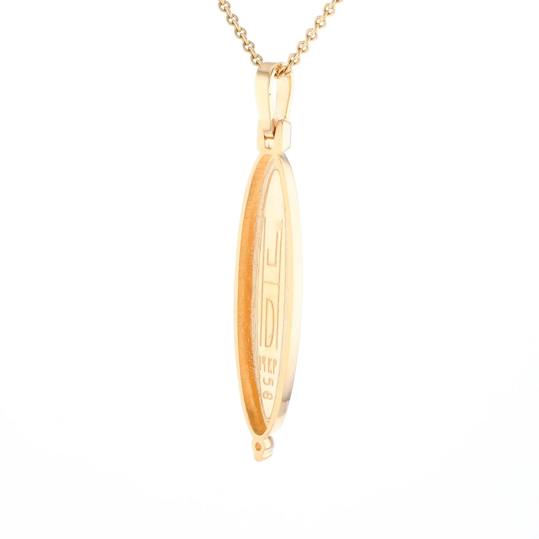 Gold Quartz Necklace Long Oval Inlaid Pendant with .05ct Diamond