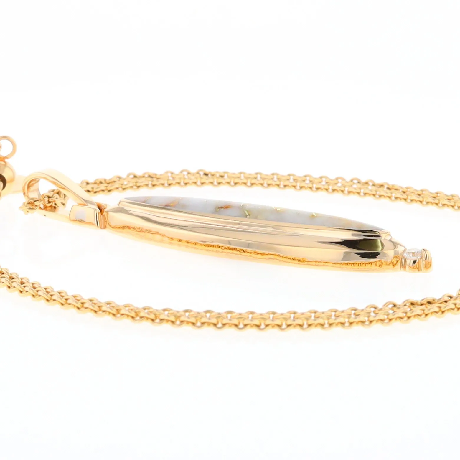 Gold Quartz Necklace Long Oval Inlaid Pendant with .05ct Diamond