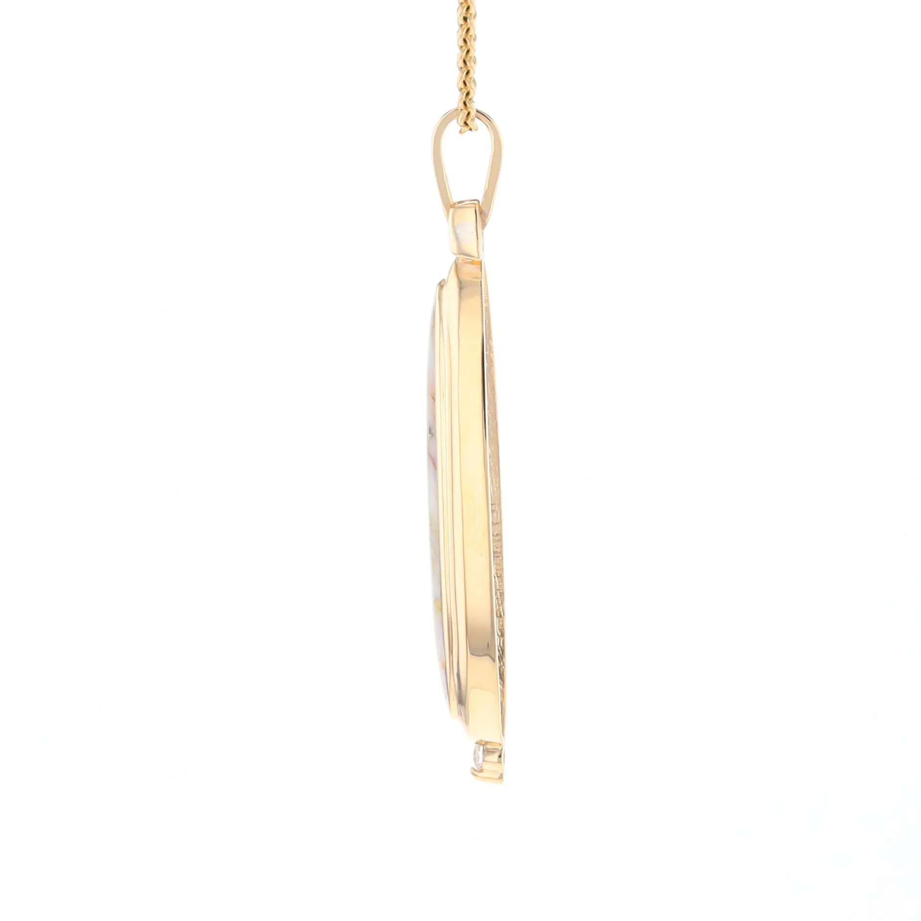 Gold Quartz Necklace Long Oval Inlaid Pendant with .05ct Diamond