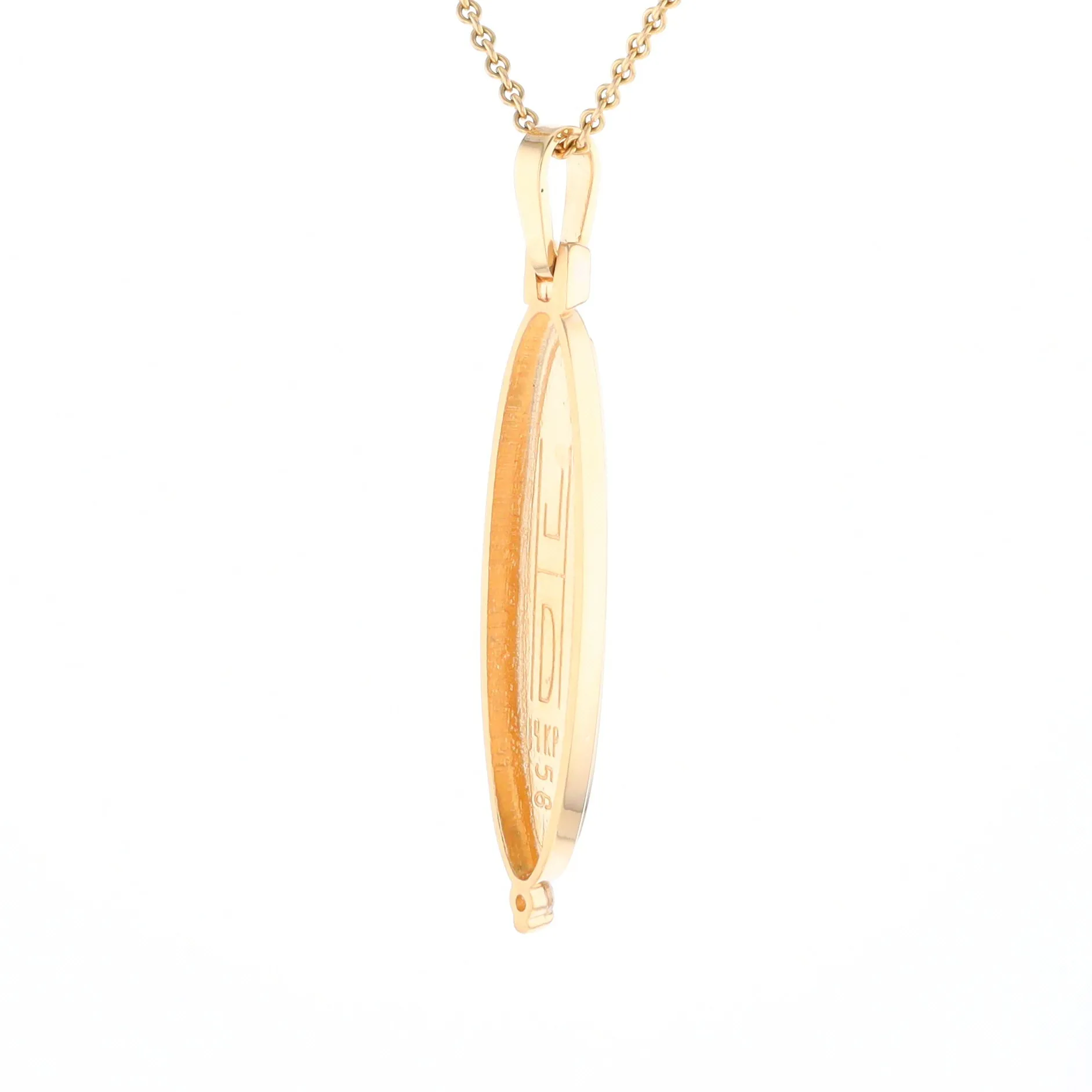 Gold Quartz Necklace Long Oval Inlaid Pendant with .05ct Diamond