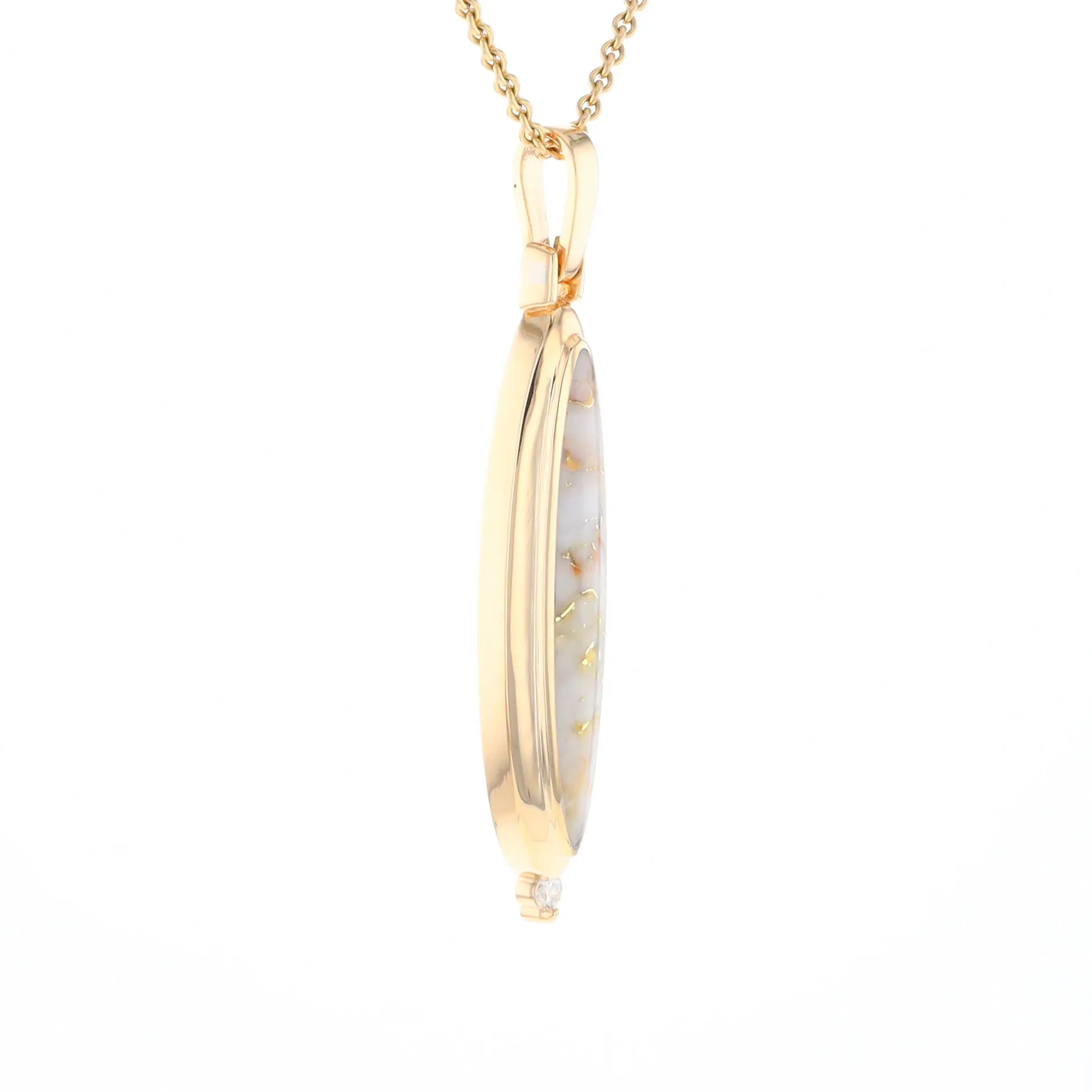 Gold Quartz Necklace Long Oval Inlaid Pendant with .05ct Diamond