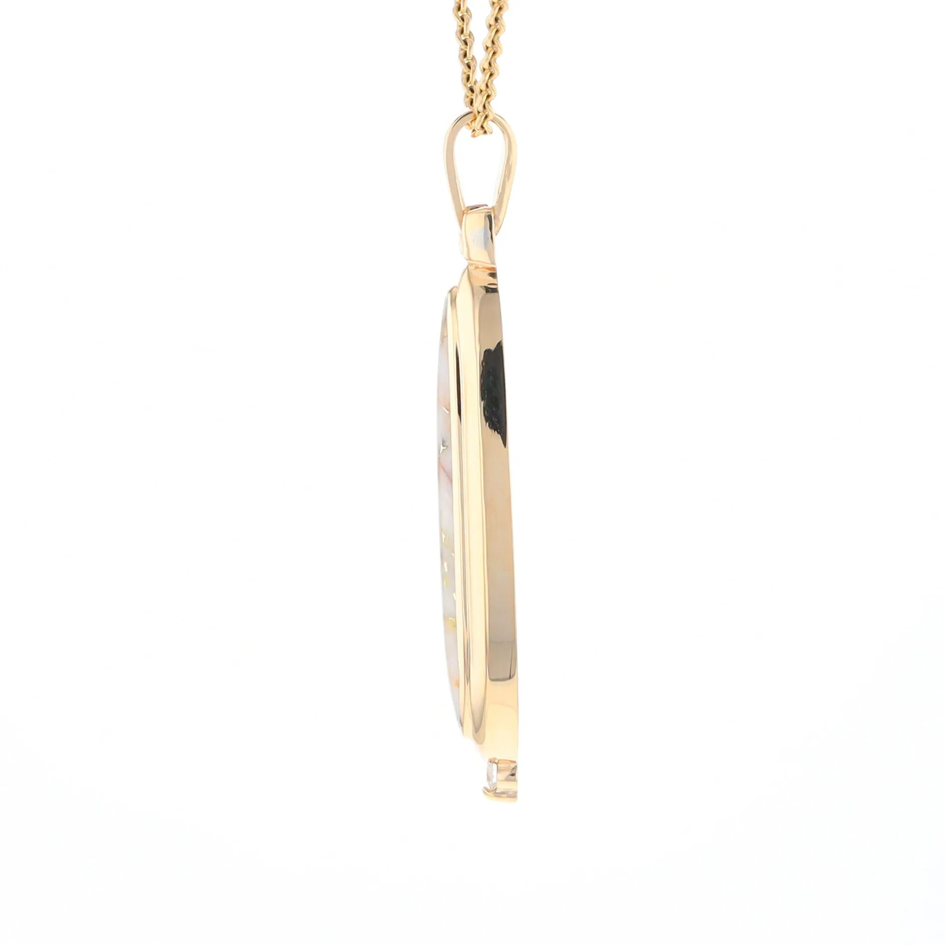 Gold Quartz Necklace Long Oval Inlaid Pendant with .05ct Diamond