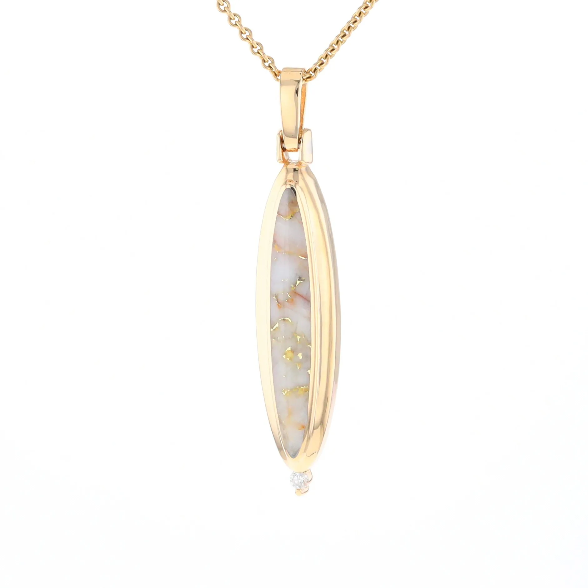 Gold Quartz Necklace Long Oval Inlaid Pendant with .05ct Diamond
