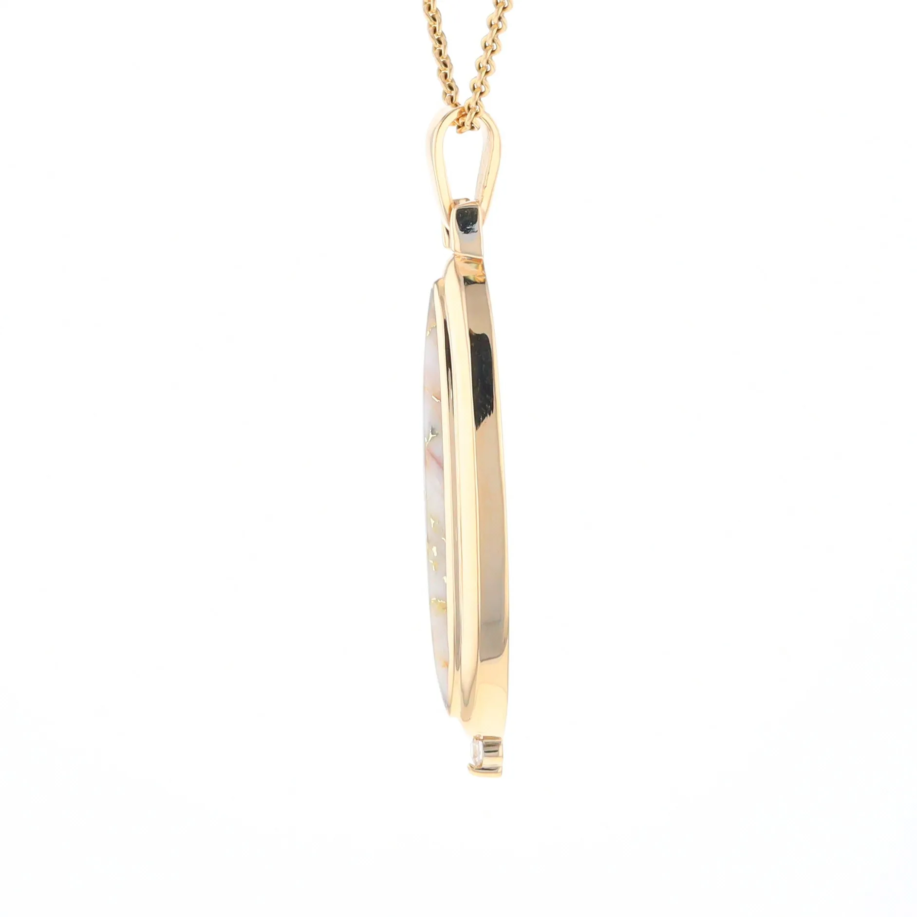 Gold Quartz Necklace Long Oval Inlaid Pendant with .05ct Diamond