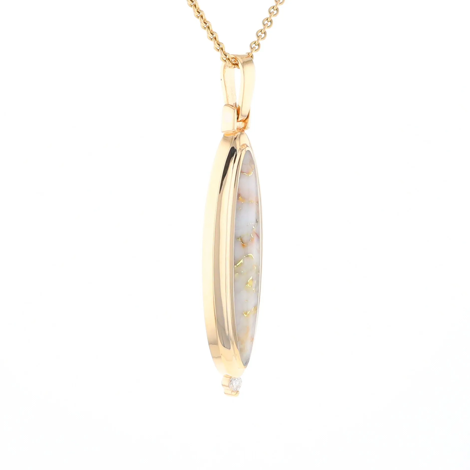 Gold Quartz Necklace Long Oval Inlaid Pendant with .05ct Diamond