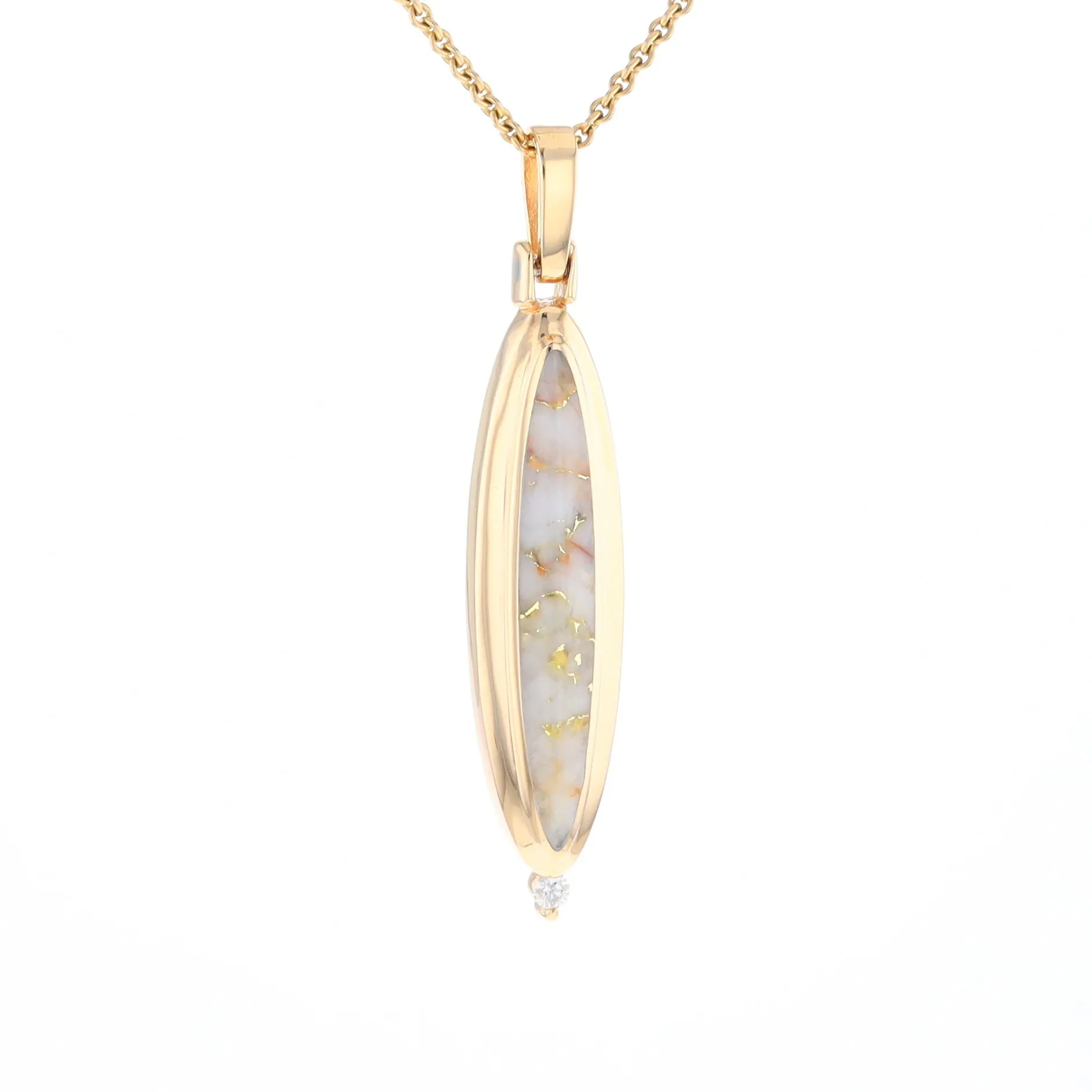 Gold Quartz Necklace Long Oval Inlaid Pendant with .05ct Diamond