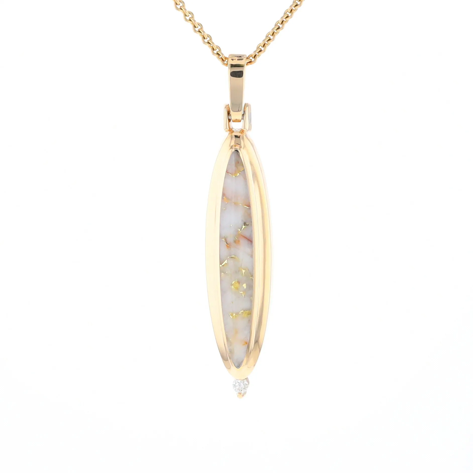 Gold Quartz Necklace Long Oval Inlaid Pendant with .05ct Diamond