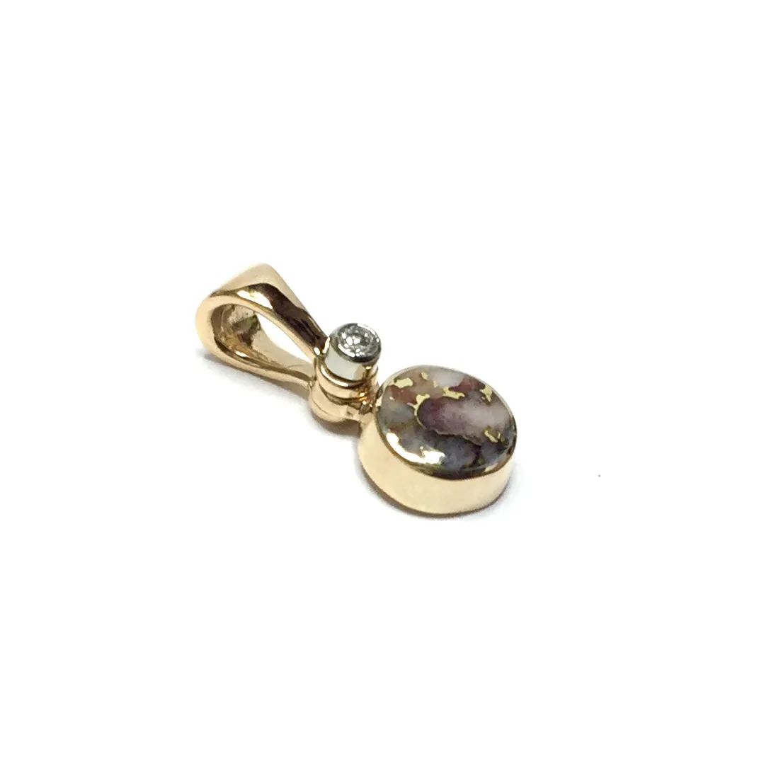 Gold Quartz Necklace Round Inlaid Pendant with .02ct Diamond
