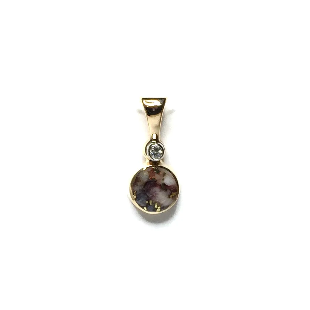 Gold Quartz Necklace Round Inlaid Pendant with .02ct Diamond