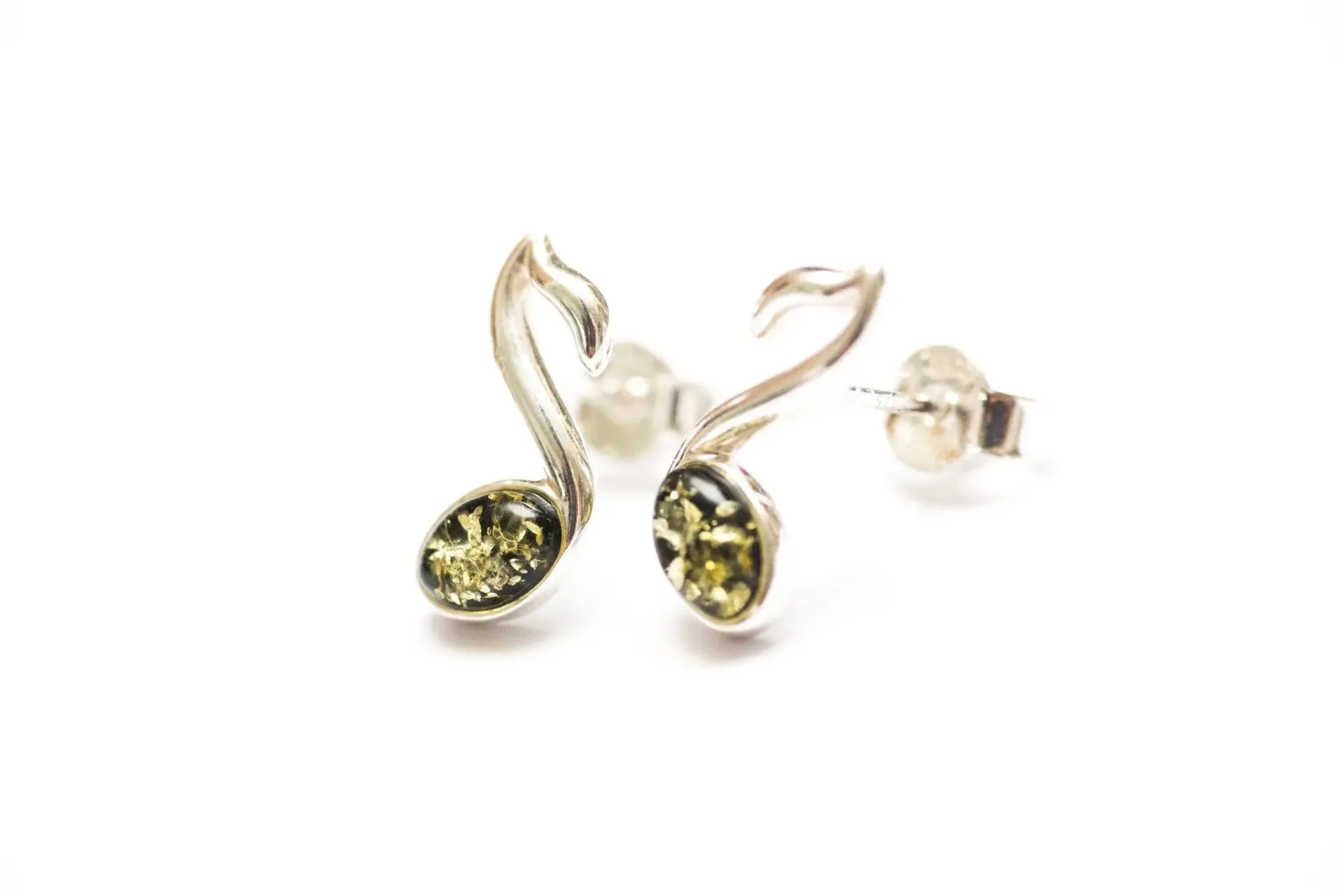 Green Music Note Stud Earrings - Sterling Silver & Baltic Amber - Perfect Gift for Music Lovers