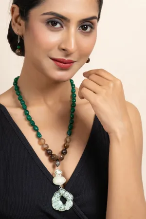 Handcrafted Semi Precious Brown Green Agate Onyx Stone Necklace with Matching Earrings Jewelry Set