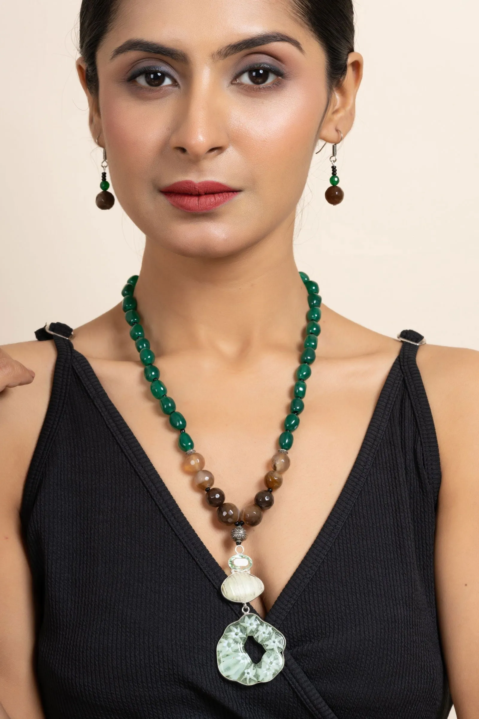 Handcrafted Semi Precious Brown Green Agate Onyx Stone Necklace with Matching Earrings Jewelry Set