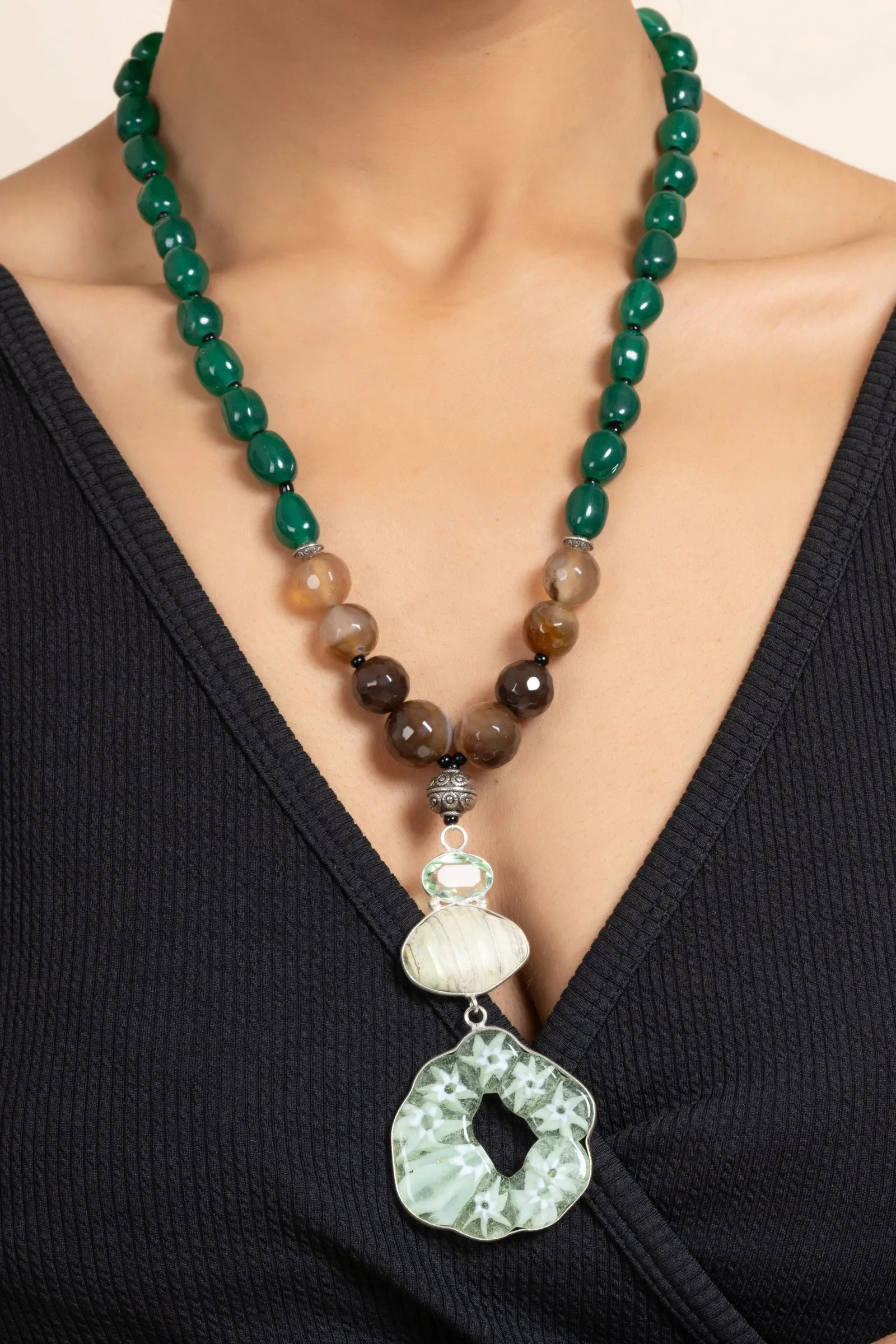 Handcrafted Semi Precious Brown Green Agate Onyx Stone Necklace with Matching Earrings Jewelry Set
