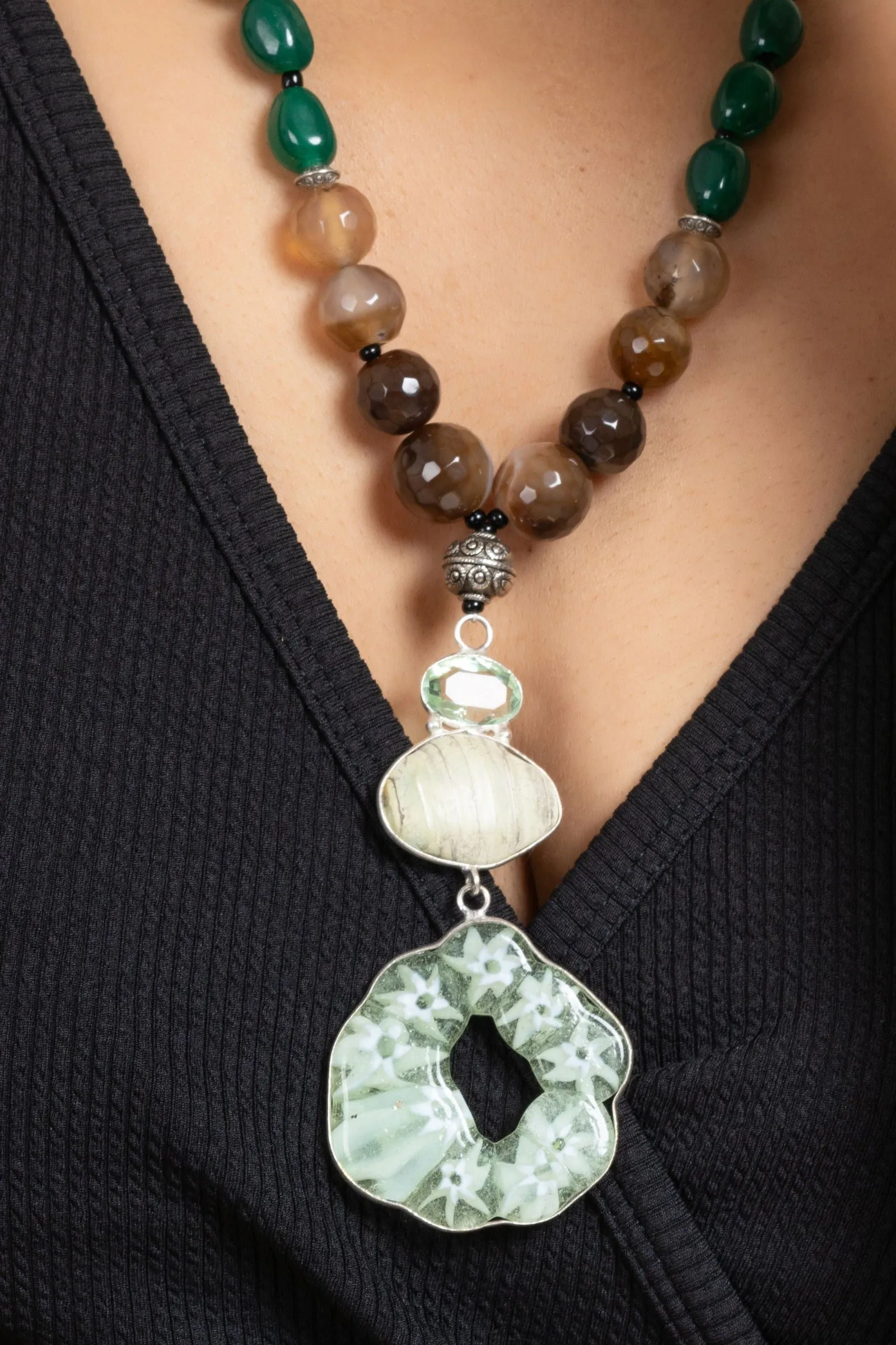 Handcrafted Semi Precious Brown Green Agate Onyx Stone Necklace with Matching Earrings Jewelry Set