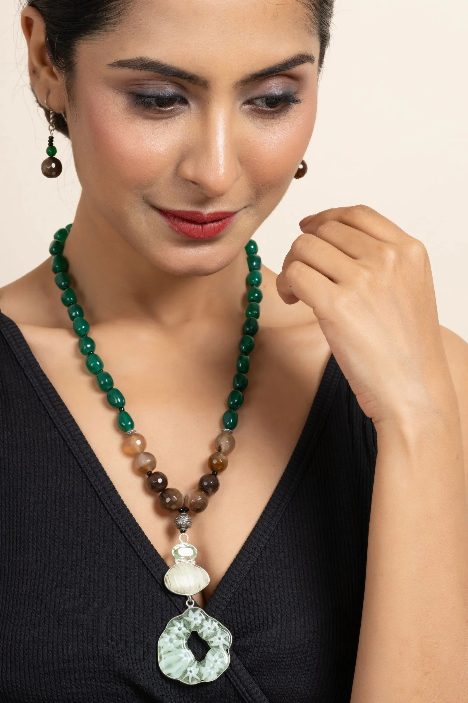 Handcrafted Semi Precious Brown Green Agate Onyx Stone Necklace with Matching Earrings Jewelry Set