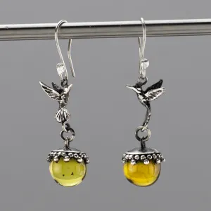 Handmade Silver and Amber Hummingbird Earrings
