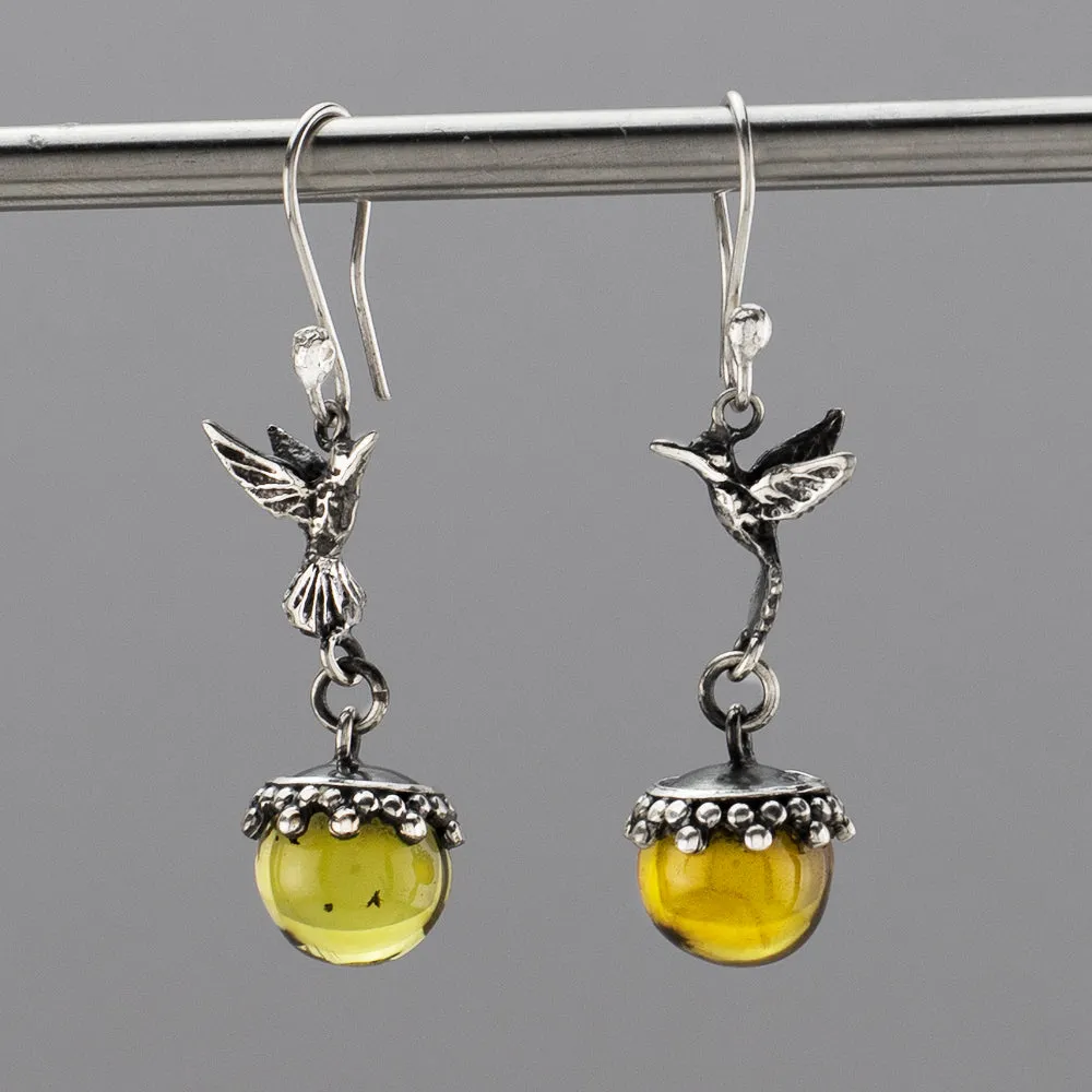 Handmade Silver and Amber Hummingbird Earrings