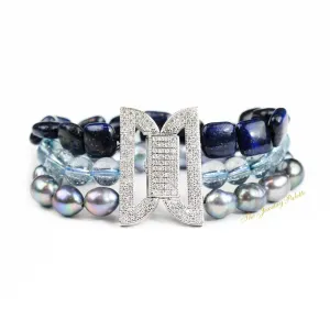 Helena lapis lazuli, grey pearl and light blue topaz three-tier bracelet