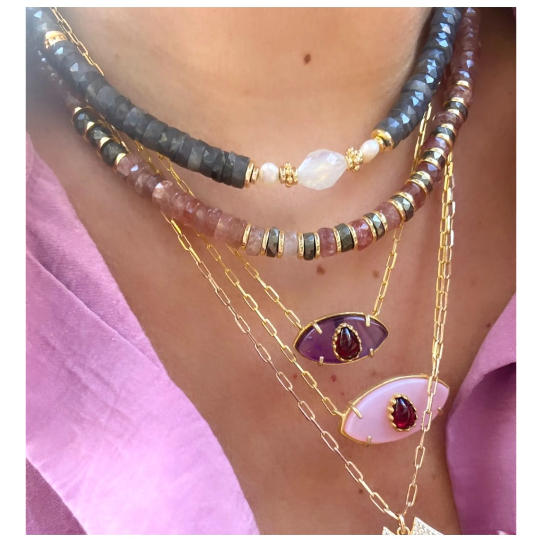 Katalena Strawberry Quartz & Pyrite Beaded Necklace