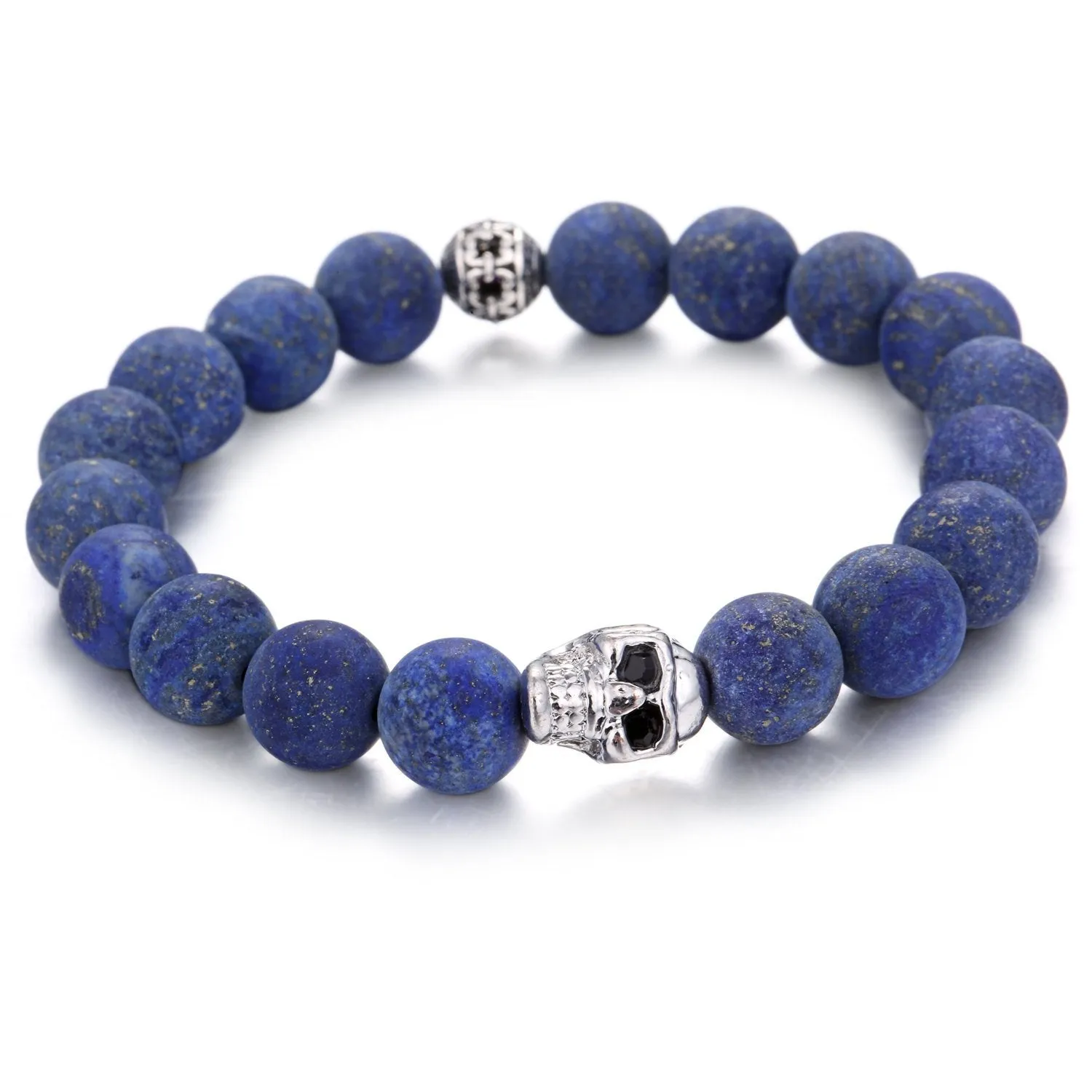 Lapis Lazuli Bracelet Matte Round w/ Alloy Silver Skull 10mm 7.5" Length