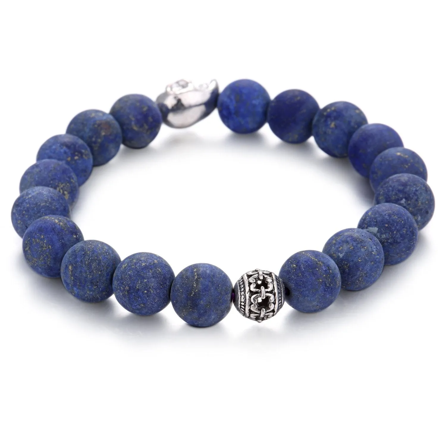 Lapis Lazuli Bracelet Matte Round w/ Alloy Silver Skull 10mm 7.5" Length