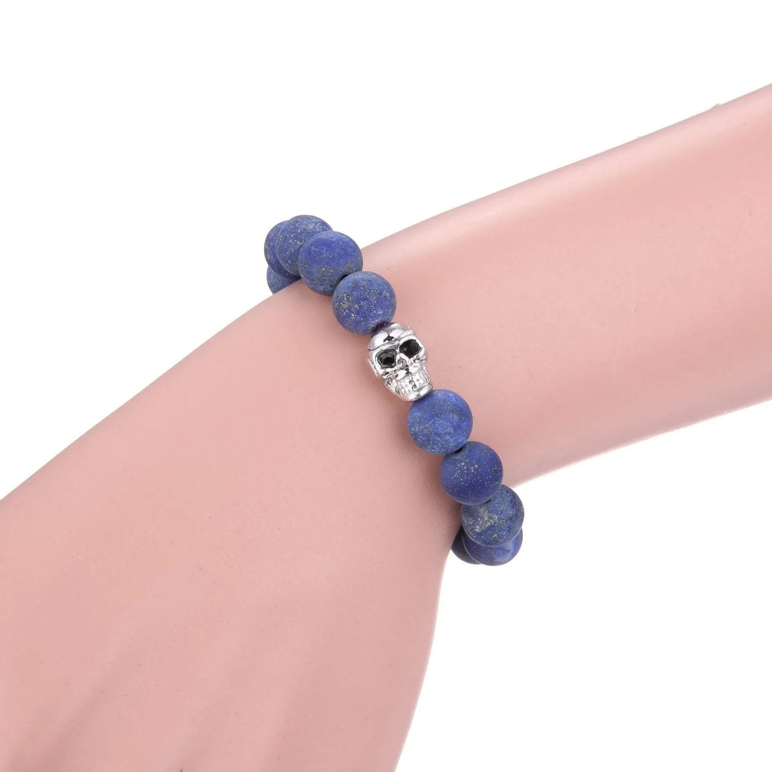 Lapis Lazuli Bracelet Matte Round w/ Alloy Silver Skull 10mm 7.5" Length