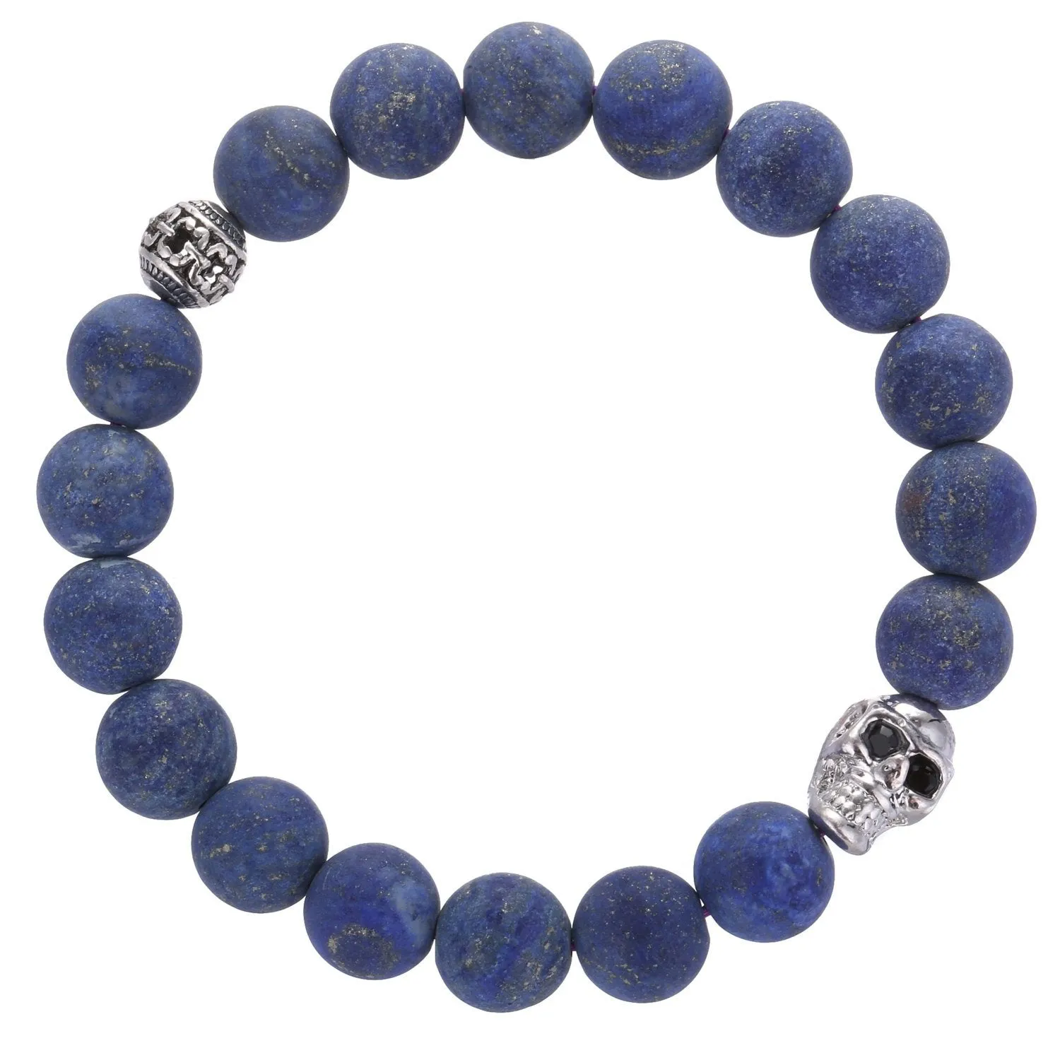 Lapis Lazuli Bracelet Matte Round w/ Alloy Silver Skull 10mm 7.5" Length