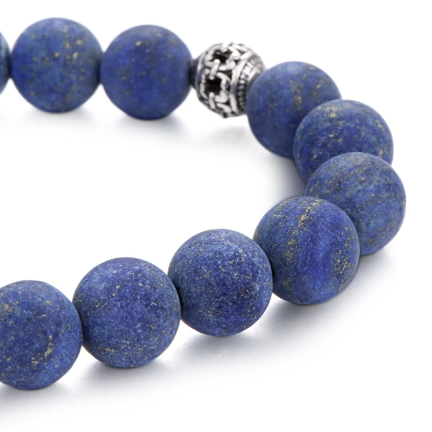 Lapis Lazuli Bracelet Matte Round w/ Alloy Silver Skull 10mm 7.5" Length