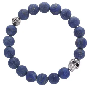 Lapis Lazuli Bracelet Matte Round w/ Alloy Silver Skull 10mm 7.5" Length