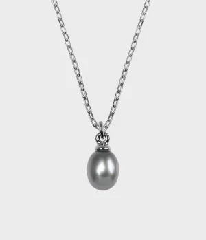 Large Vermeer Pearl Drop Necklace / Sterling Silver / Pear Shaped Grey Pearl