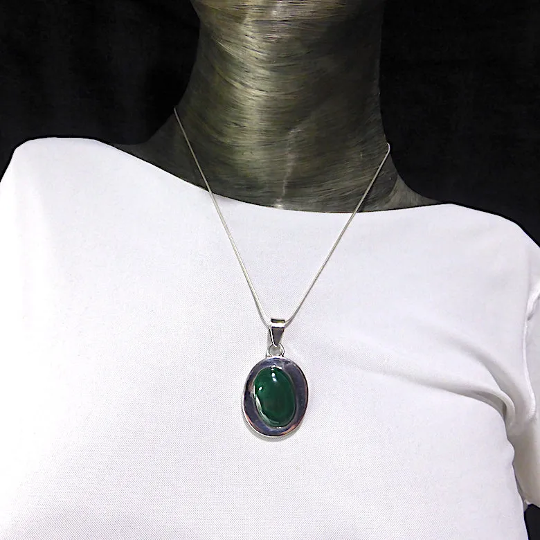 Malachite Oval Pendant, Wide 925 Silver Border