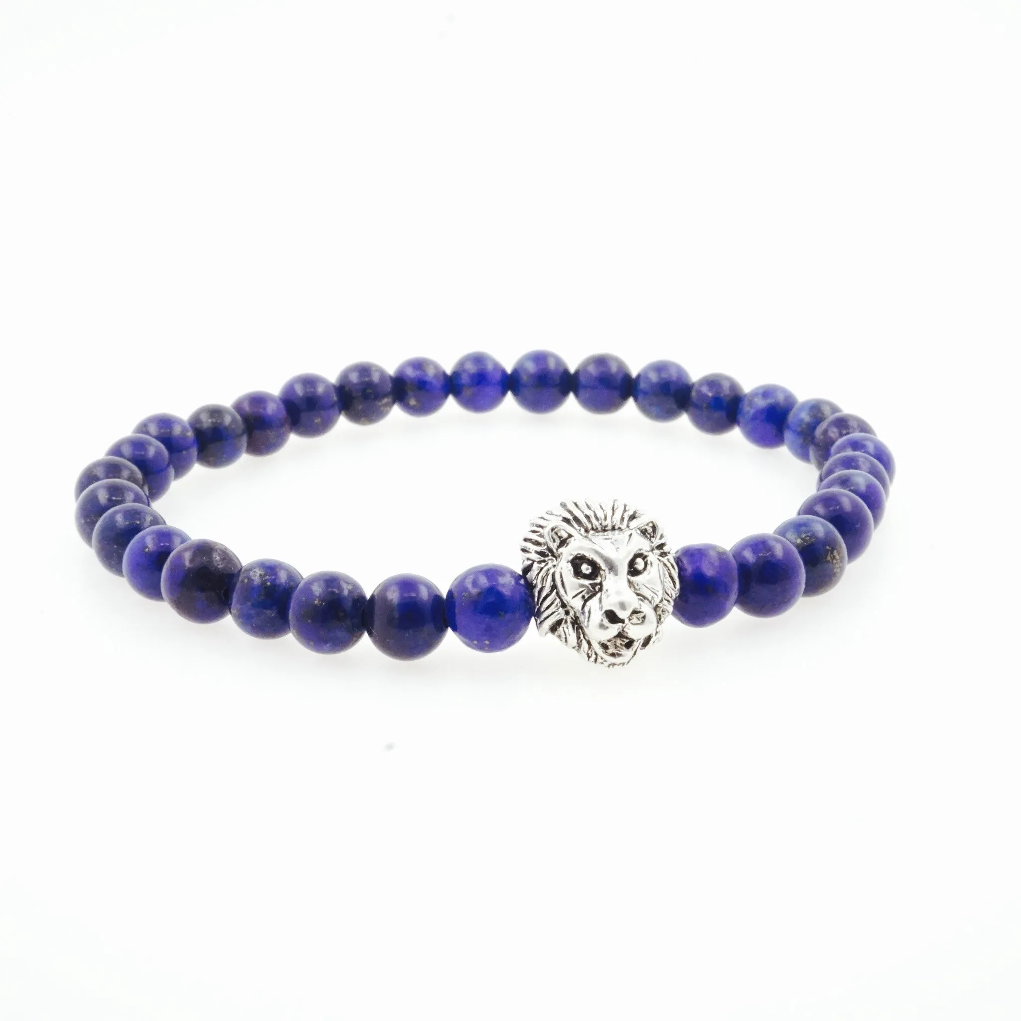 Men's "Monarch" Silver Lion 6mm Lapis Lazuli Beaded Bracelet