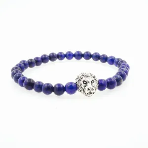 Men's "Monarch" Silver Lion 6mm Lapis Lazuli Beaded Bracelet