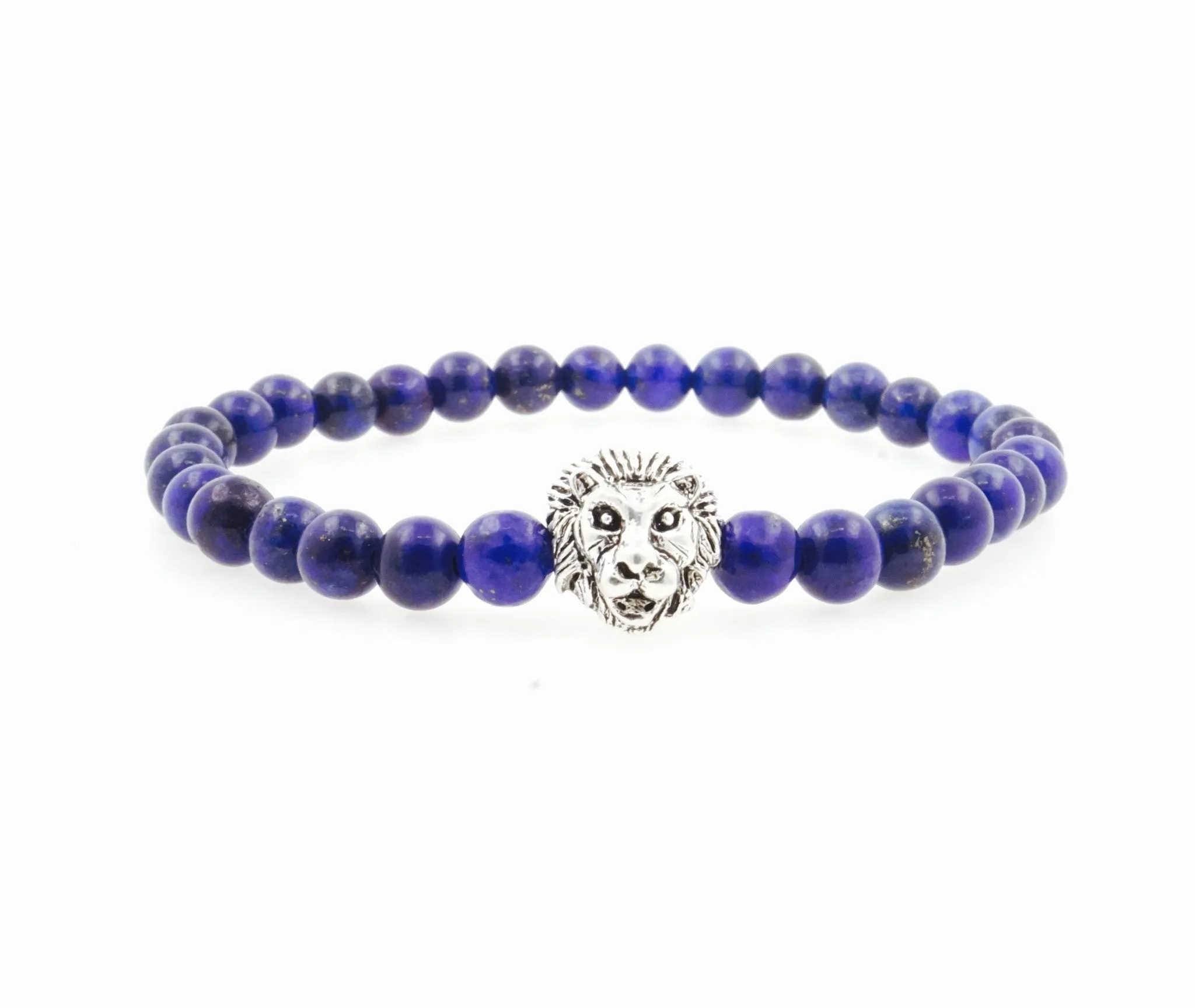 Men's "Monarch" Silver Lion 6mm Lapis Lazuli Beaded Bracelet
