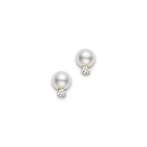 Mikimoto 18K Yellow Gold 7-7.5mm Pearl & Diamond Stud Earrings