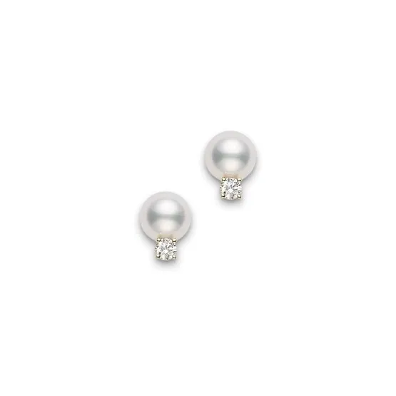Mikimoto 18K Yellow Gold 7-7.5mm Pearl & Diamond Stud Earrings