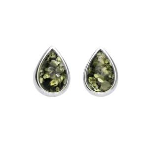 MILENA Earrings Silver and Green Amber Teardrop-Shaped Studs