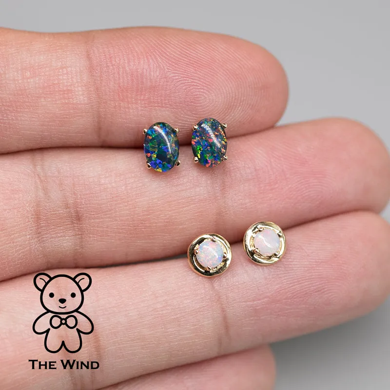 Minimalist Oval Australian Triplet Opal Stud Earrings 14k Yellow Gold