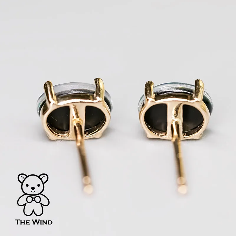 Minimalist Oval Australian Triplet Opal Stud Earrings 14k Yellow Gold